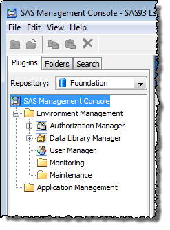 SAS Management Console 9.3 showing default non-administrative capabilities.