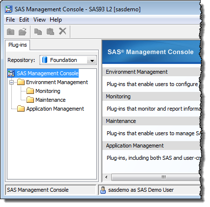SAS Management Console 9.3 showing no available capabilities.