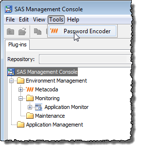 Metacoda Plug-ins Password Encoder visible in the SAS Management Console Tools menu