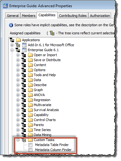 SAS Management Console role showing custom task capabilities