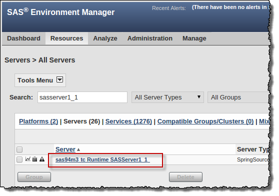 SAS Environment Manager: Selecting a SAS Web App Server instance