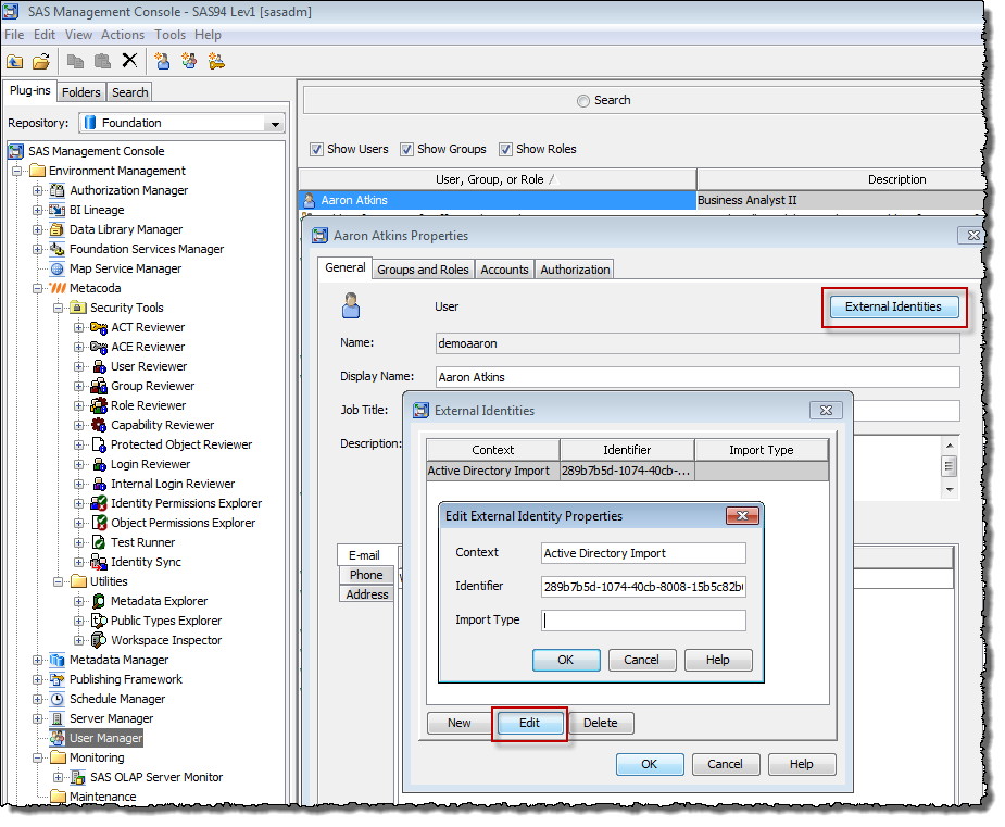 External Identity metadata seen in the SAS Management Console User Management Plug-in