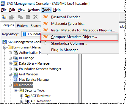 Metacoda Security Plug-ins Compare Metadata Objects in SAS Management Console Tools menu