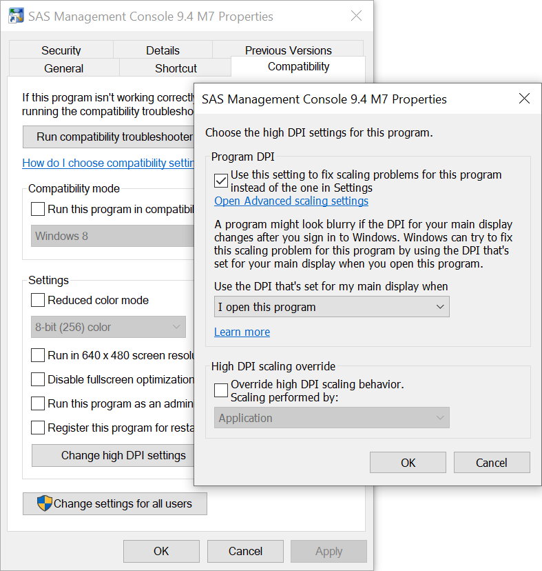 Windows High DPI Setting Dialog