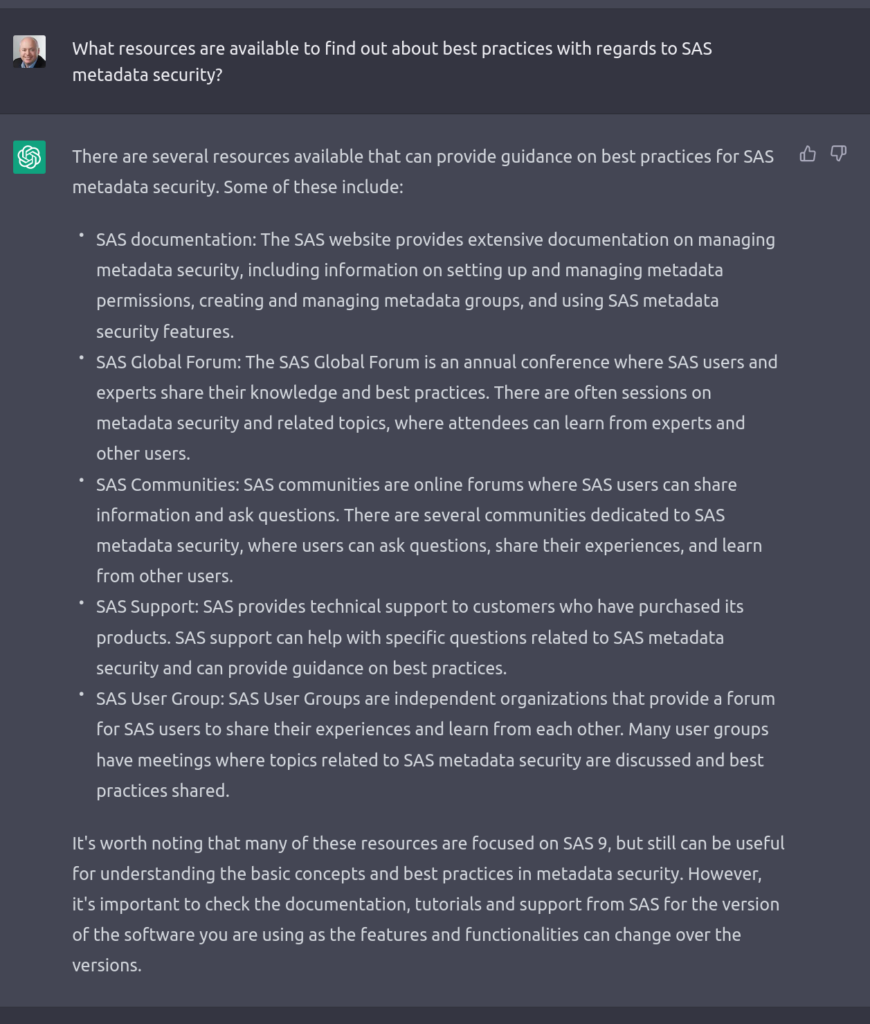 Asking ChatGPT about SAS 9 metadata security best practices