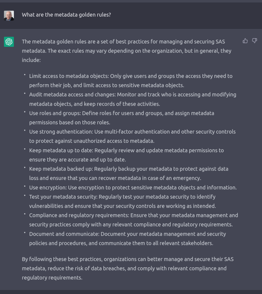 Asking ChatGPT about SAS 9 metadata security golden rules