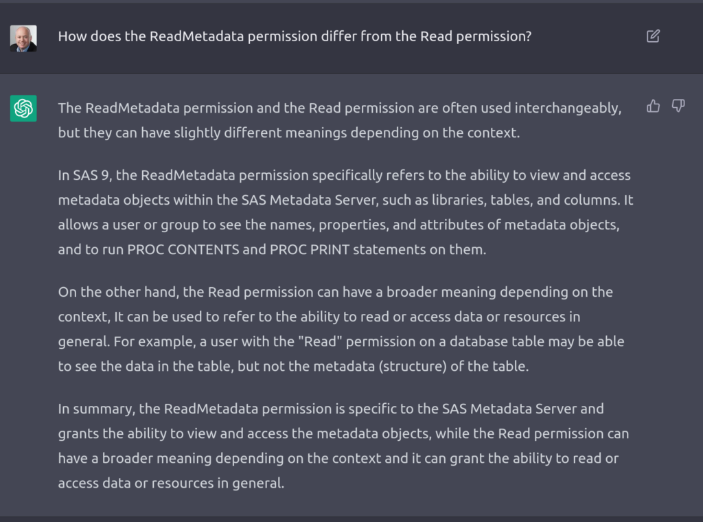 Asking ChatGPT about the difference between SAS 9 ReadMetadata and Read permissions