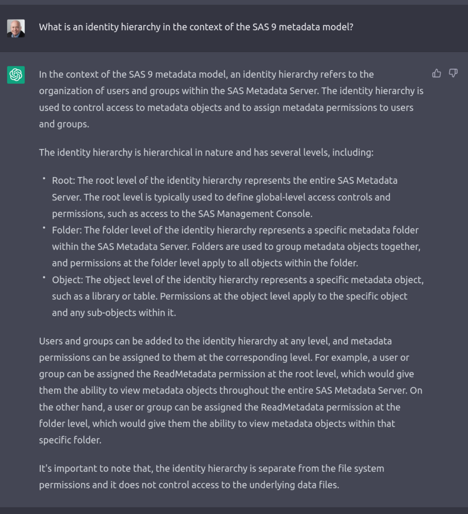 Asking ChatGPT about the SAS 9 metadata identity hierarchy concept