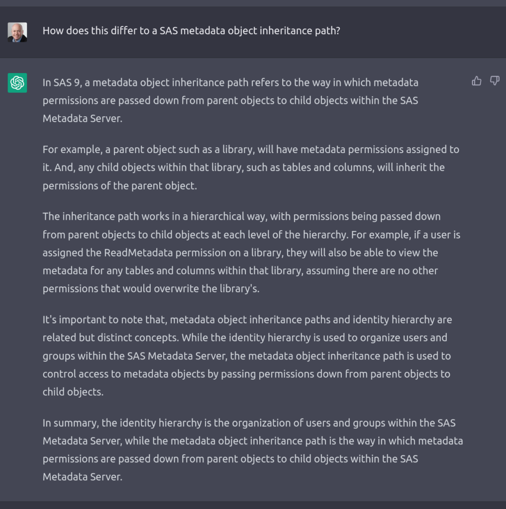 Asking ChatGPT about how the SAS 9 identity hierarchy differs from the object inheritance path