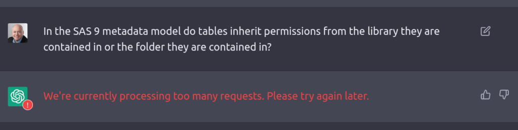 Asking ChatGPT a question about where tables inherit permissions from in the SAS9 metadata model