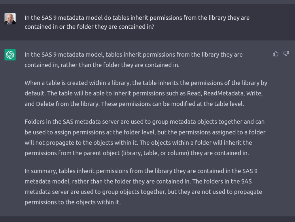 Asking ChatGPT a question about where tables inherit permissions from in the SAS9 metadata model (again)