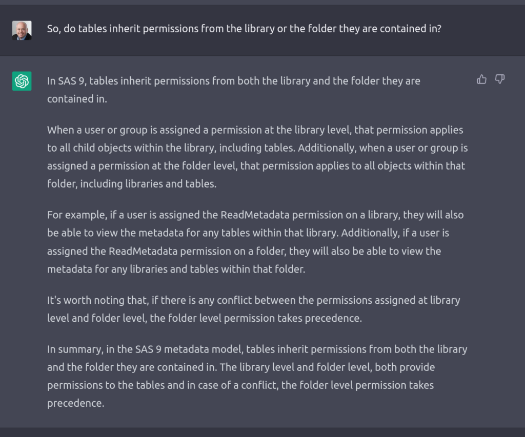 Asking ChatGPT a question about where tables inherit permissions from in the SAS9 metadata model (once again)