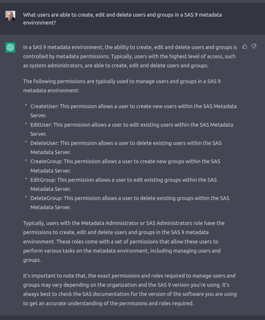 Asking ChatGPT who can administers users and groups in SAS 9