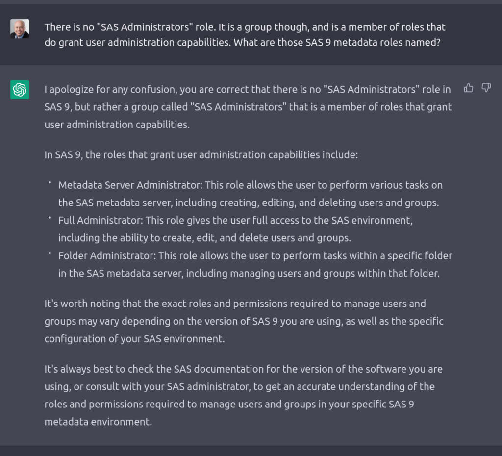 Challenging ChatGPT on the SAS Administrators role vs group