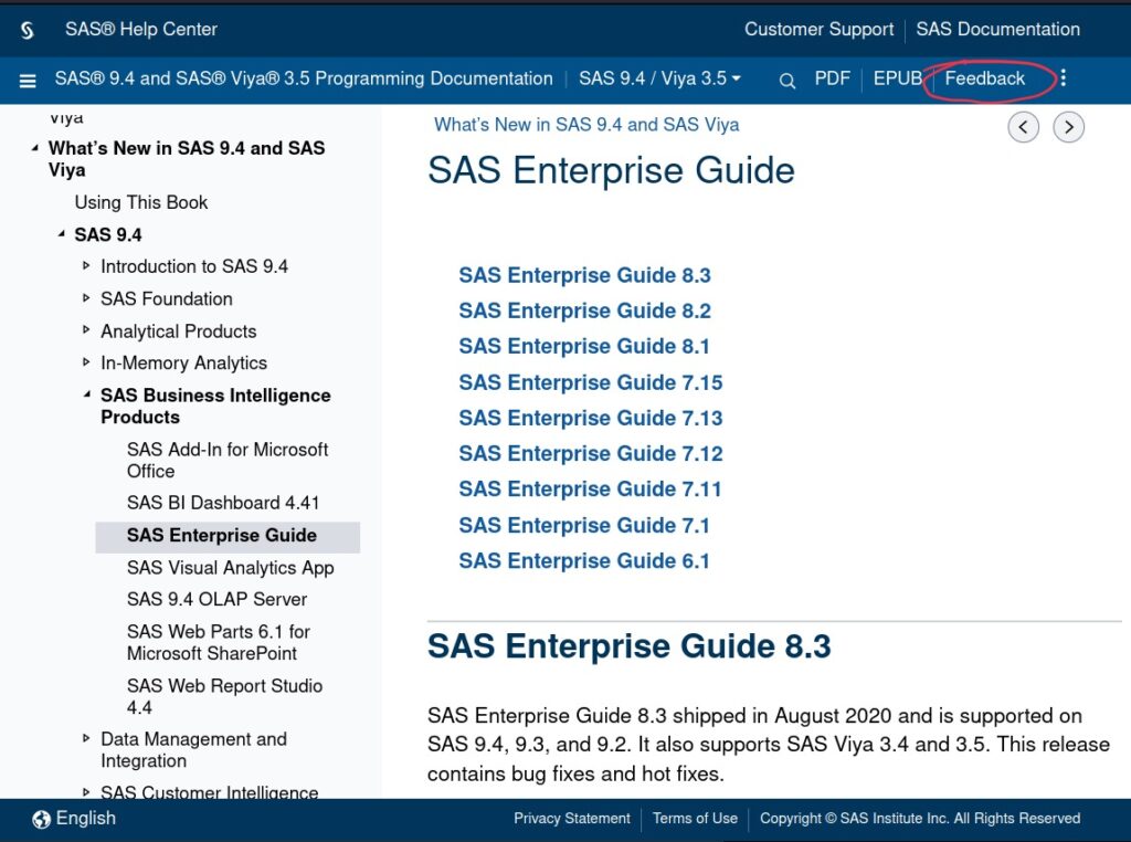 Feedback button on the SAS Documentation site