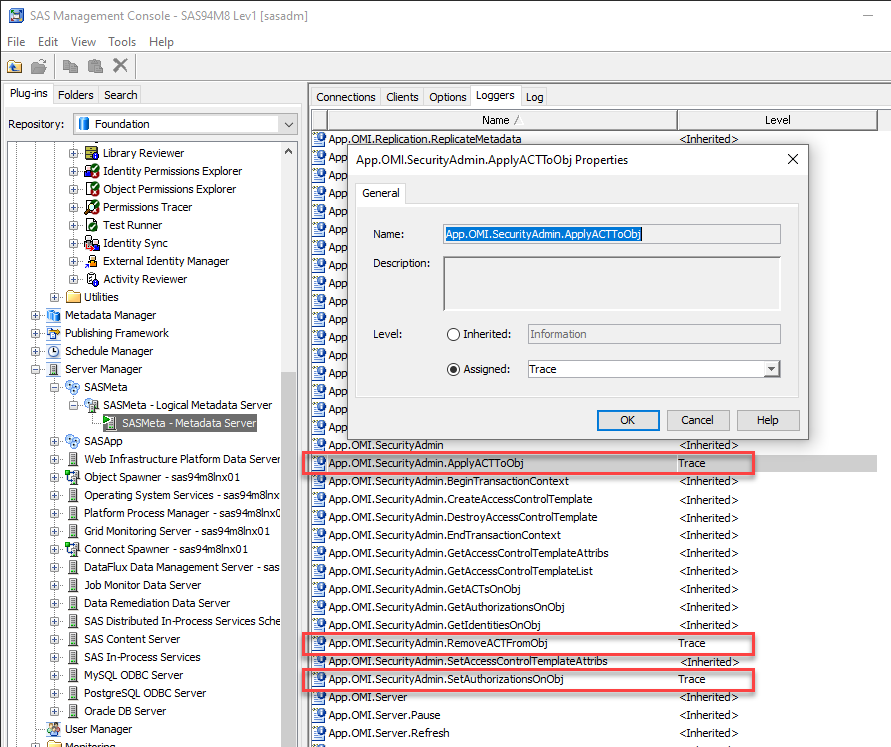 SAS Management Console Server Manager Logger Dialog